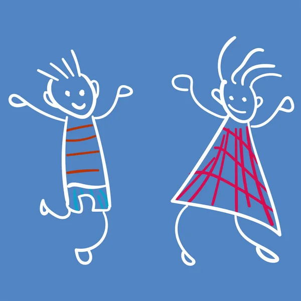 女の子と男の子の子供の図面のスタイルで ベクトルの図 明るい青の背景上に描画を概要します — ストックベクタ