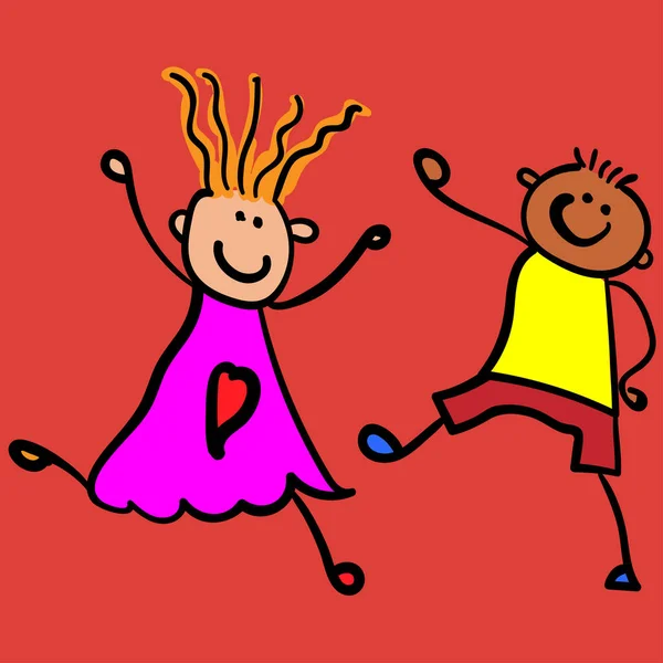 Kinder Spielen Junge Mit Mädchen Stil Der Kinderzeichnung Vektorillustration Roter — Stockvektor