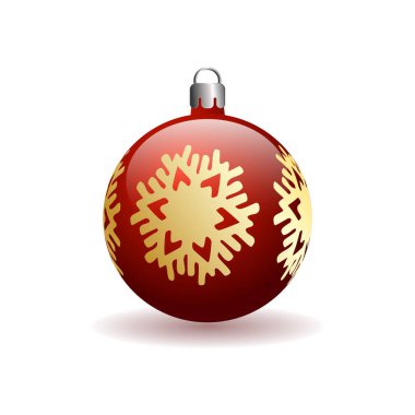 Kırmızı Noel top ile altın kar tanesi. Beyaz bir arka planda bir gölge ile izole. Üç boyutlu top.