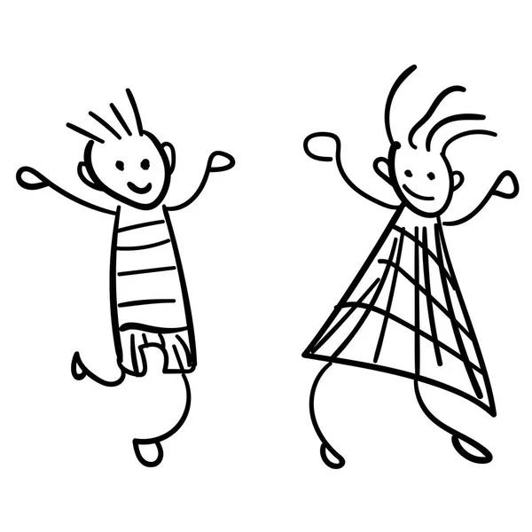 Flicka Och Pojke Stil Med Barnens Teckningar Illustration Översiktsritning Vit — Stockfoto