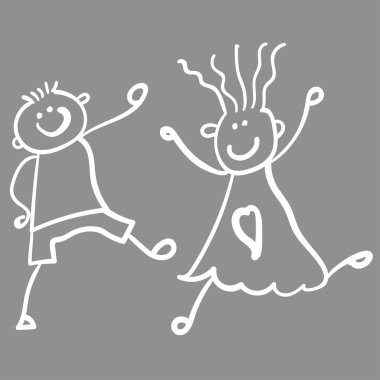 Çocuklar kız çocukla oynuyor. Çocuk çizim stili. Vektör çizim. Gri bir arka plan üzerinde çizim anahat.