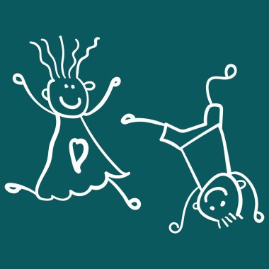 Çocuk oyun - erkeğin başına duran ve bir kız ona doğru çalışıyor. Çocuk çizim stili. Vektör çizim. Yeşil bir arka plan üzerinde çizim anahat.