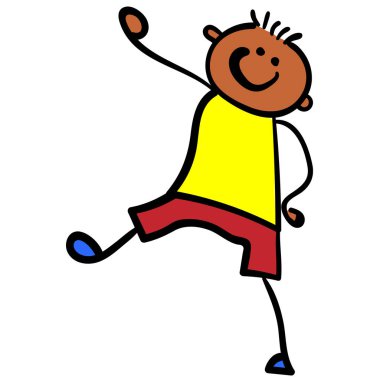 Şort ve tişört bir çocuk geliyor. Çocuk çizim stili. resimde. İzole beyaz arka plan.