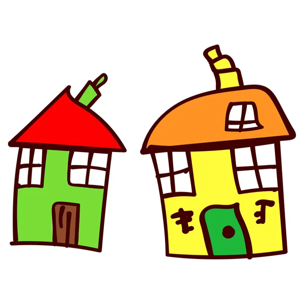Zwei Schiefe Häuser Stil Der Kinderzeichnung Vektorillustration Isolierter Weißer Hintergrund — Stockvektor