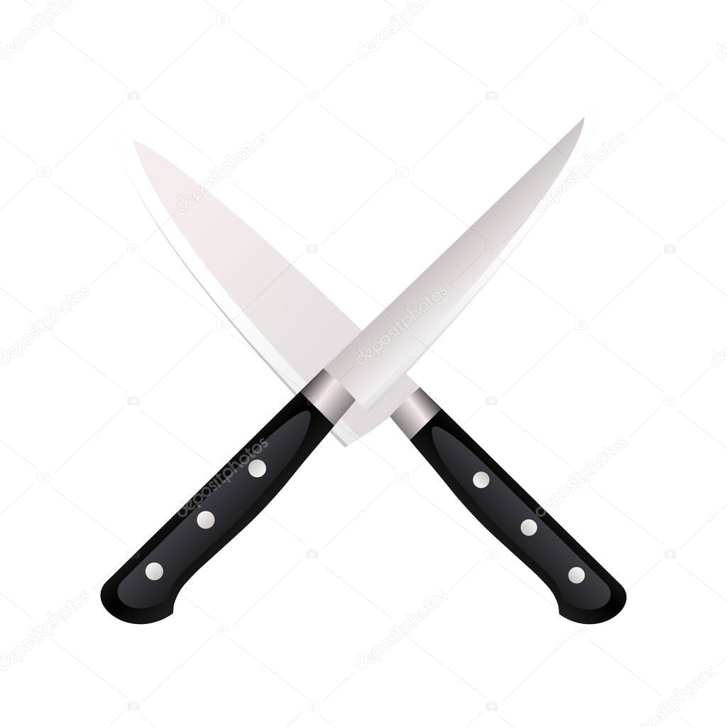 Vector icon for knives. Vector icon for two crossed metallic kitchen knives on gray background.