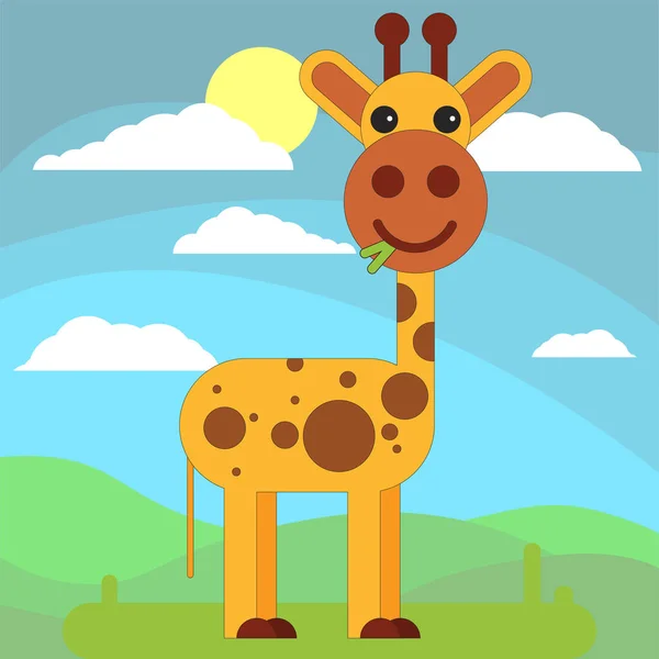 Žirafa Karikatuře Ploché Styl Pozadí Louky Slunce Mraky Vektorové Ilustrace — Stockový vektor
