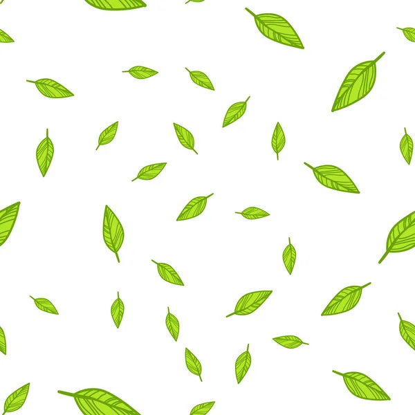 Nahtlose Muster Aus Grünen Blättern Kritzeln Vektor Illustration Auf Weißem — Stockvektor