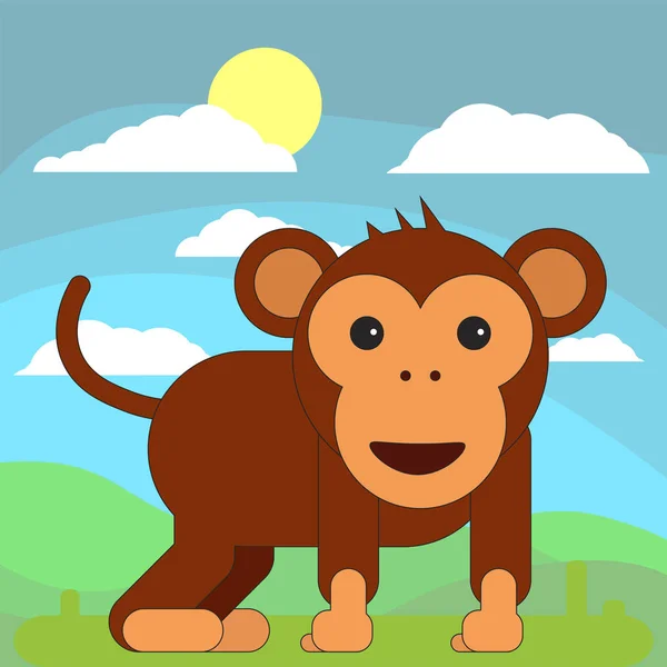 Macaco Estilo Desenho Animado Plana Fundo Dos Prados Sol Nuvens — Fotografia de Stock