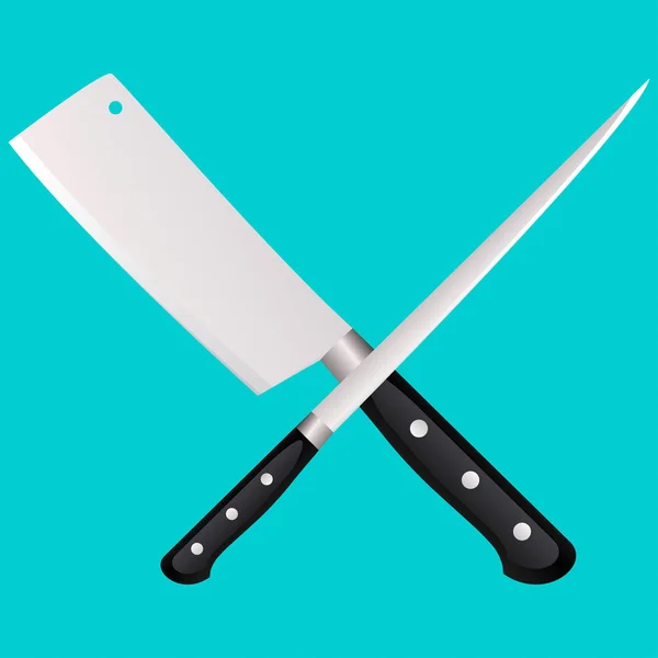 Two kitchen knives cross on a colored background.  illustration in 3d style