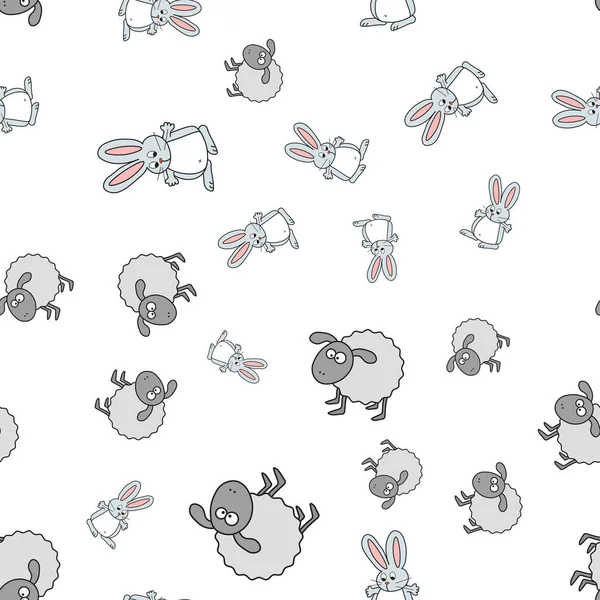 Lambs Bunnies Seamless Pattern Cartoon Style White Background Vector Illustration — Stock Vector
