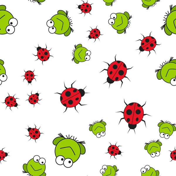Seamless pattern of frogs and ladybugs in cartoon style. On white background, vector illustration.
