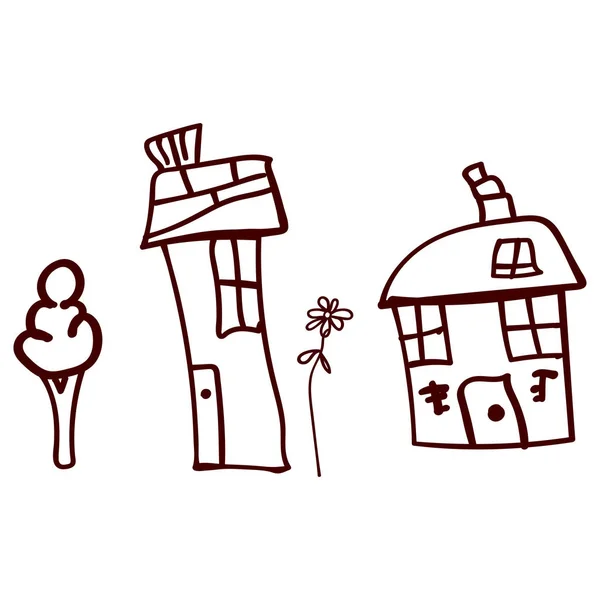 Kinderen Getrokken Huizen Planten Doodle Stijl Contouren Geïsoleerd Vectorillustratie — Stockvector