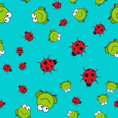 Çizgi film tarzında kurbağa ve uğur böceği nin dikişsiz deseni