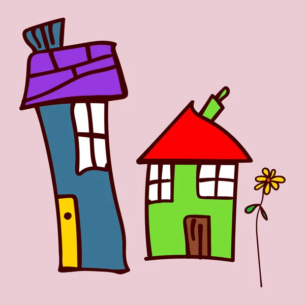 Kids drawing houses and plants in doodle style. — Stock Vector