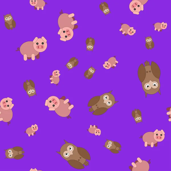 Sömlösa mönster gjorda av ugglor och grisar. — Stock vektor