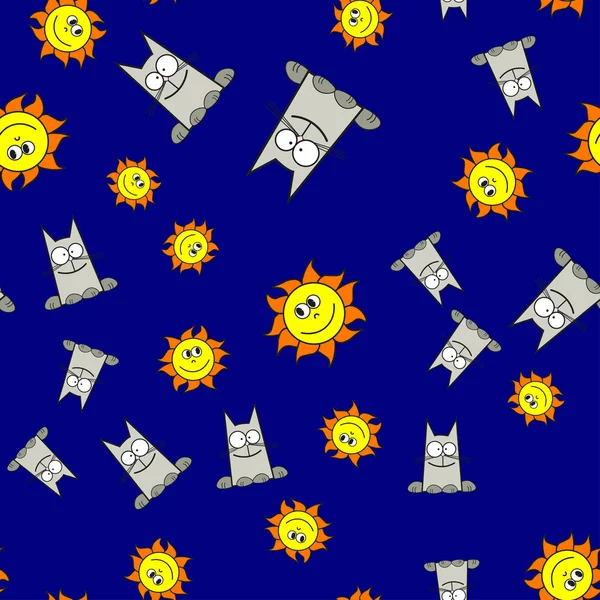 Ομαλή μοτίβο των γάτων και ήλιων σε στυλ κινουμένων σχεδίων — Διανυσματικό Αρχείο