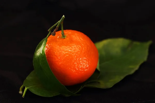 Mandarine Avec Feuille Sur Fond Noir — Photo