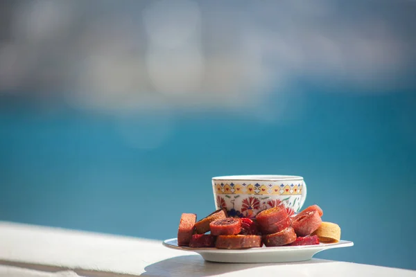 Beautiful Coffee Couple Homemade Pastila Background Sea — Stock Photo, Image