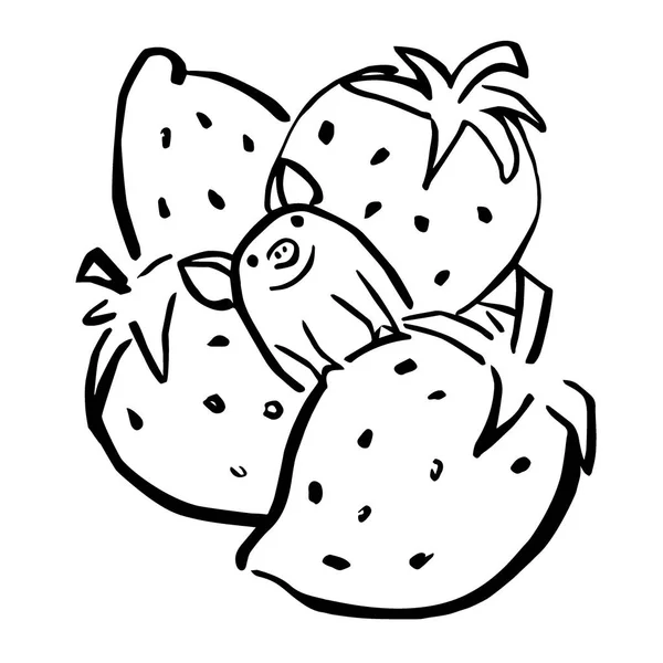 Cartoon Gelukkig Piggie Aardbeien — Stockvector
