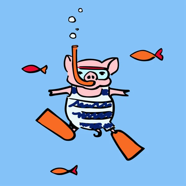 Śmieszna świnia z podwodne maski i rurki fajka air — Wektor stockowy