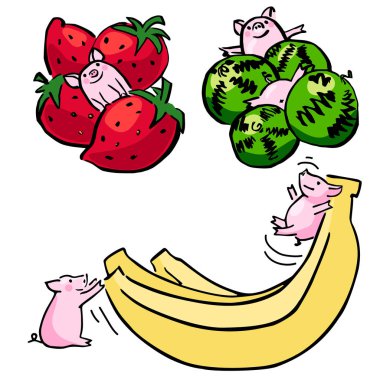 Sevimli vektör komik domuzlar meyve ile ayarlayın. Yeni yıl 2019 karikatür el drawen domuz yavruları tebrik kartları, çıkartmalar, logo, pullar ve Web siteleri için ayarla.