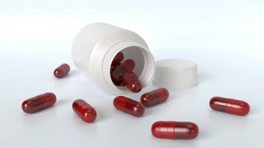 İlaç tıp hap, tablet ve kapsül ve şişe beyaz arka plan üzerinde. 3D render