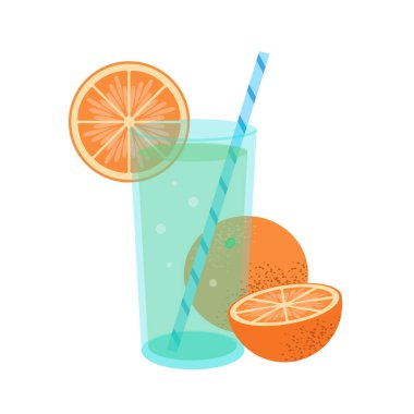 Portakal suyu düz çizim. Yarı portakallı, bir bardak meyve suyu ve meyve suyu pipetli..