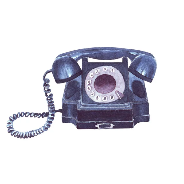 Vintage Oude Telefoon Traditionele Retro Zwarte Telefoon Mechanische Wijzerplaat Aquarel — Stockfoto