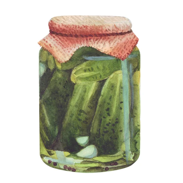 Een Pot Gepekelde Komkommers Aquarel Vegetarische Illustratie Behoud Geïsoleerde Elementen — Stockfoto