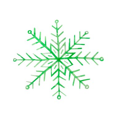 Beyaz arkaplanda yeşil suluboya simetrik kar tanesi izole edildi.