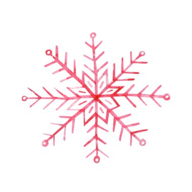 Beyaz arkaplanda kırmızı suluboya simetrik kar tanesi izole edildi.