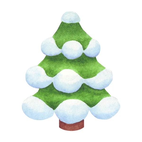 Árbol de acuarela de Navidad con nieve en ramas — Foto de Stock