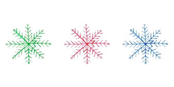 Set of watercolor snowflakes of different colors: red, green, blue — Stock Photo, Image