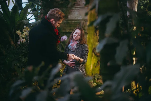 Ein Verliebtes Paar Geht Durch Das Gewächshaus Liebhaber Unter Evergreens — Stockfoto