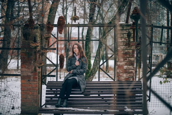 Een Jonge Vrouw Wandelingen Een Park Van Winter Mooi Meisje — Stockfoto