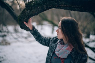 Genç bir kadın bir kış parkta yürüyor. Yalnız kışın güzel kızın ağaçları arasında yürüyor