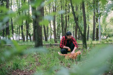 Bir adam kedisiyle parkta koşum takımı ile yürür. Evin yakınındaki yeşil parkta yürüyen genç bir adam. Kırmızı meraklı bir kediyle.