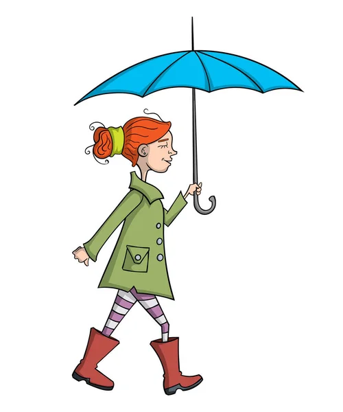 Mädchen Mit Regenschirm Und Regenmantel Isoliert Auf Weißem Hintergrund — Stockvektor