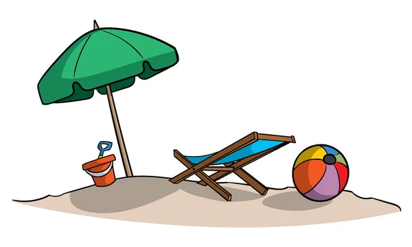 卡通风格图标的椅子和伞在白色的海滩上 向量例证 — 图库矢量图片