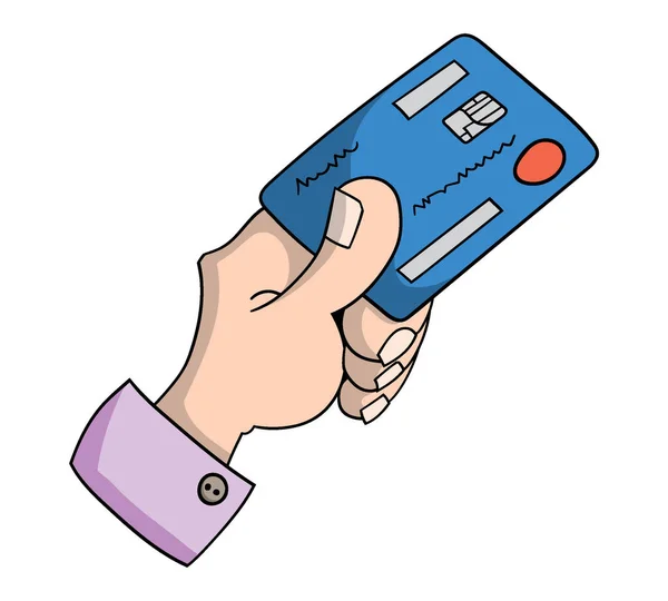 Ícone Estilo Cartoon Mão Segurando Cartão Crédito Branco Ilustração Vetorial — Vetor de Stock