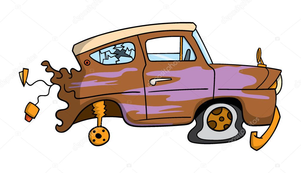 cartoon style icon of rusty old car on white, vector illustration