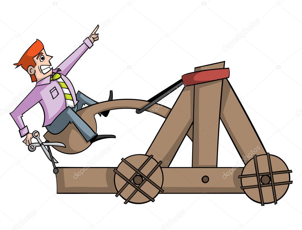 cartoon style catapult icon of  on white, vector illustration