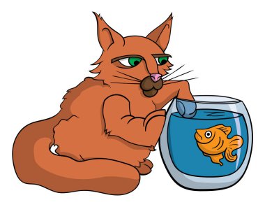 karakter kedi beyaz arka plan, vektör, illüstrasyon izole akvaryum altın balık yakalamak cartoon 