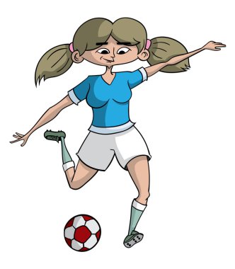 Beyaz arka plan, vektör, illüstrasyon izole futbol oynayan kız çizgi film karakteri 