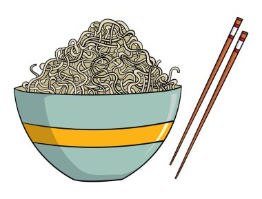 Pirinç Noodle ve beyaz arka plan, vektör, illüstrasyon izole yemek çubukları ile kase 