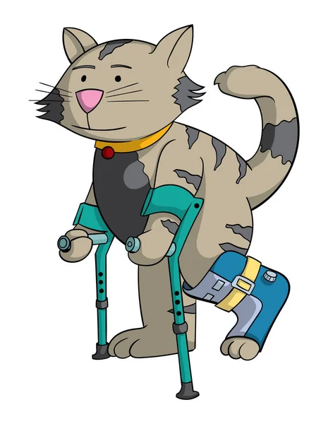 Beyaz arka plan, vektör, illüstrasyon izole koltuk değneği kırık pençe ile kedi çizgi film karakteri 