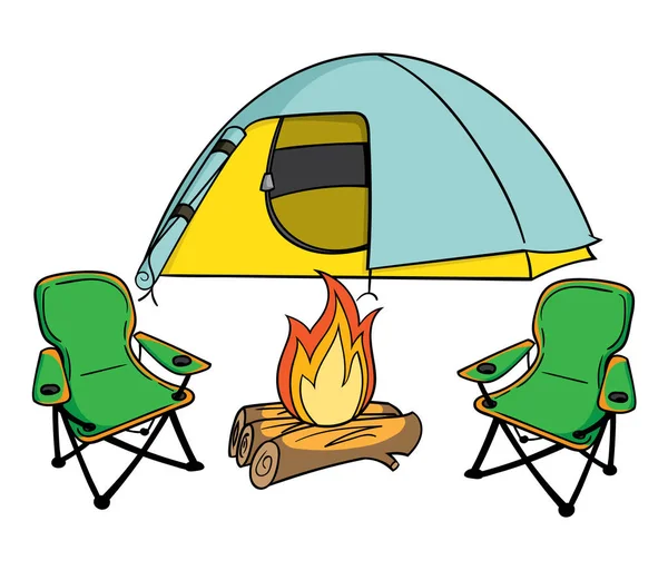 Çizgi film kamp çadır ve sandalyeleri yakınındaki beyaz arka plan, vektör, illüstrasyon izole şenlik ateşi ile 