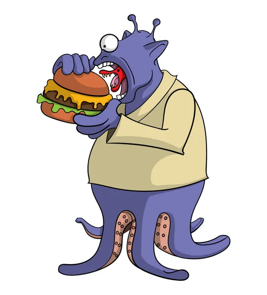 かわいい面白い外国人ハンバーガーを食べる白背景 ベクトル イラストに分離された漫画のキャラクター — ストックベクタ