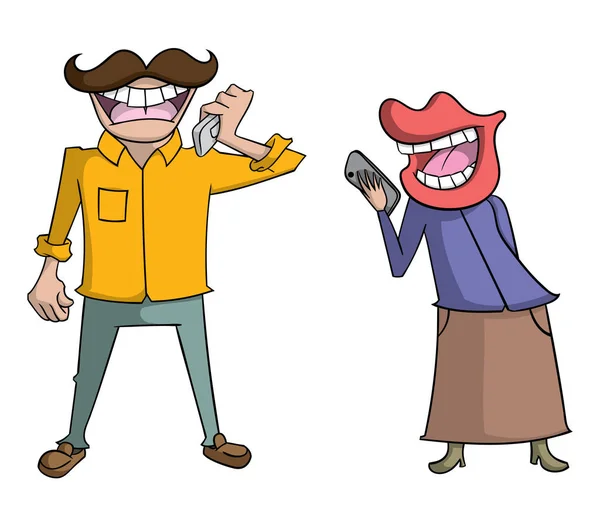 Zeichentrickfiguren Von Mann Und Frau Mit Großen Mündern Sprechen Auf — Stockvektor