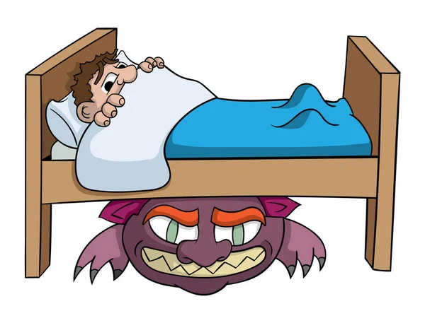 卡通男孩害怕怪物床下孤立在白色背景 — 图库矢量图片